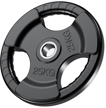 PhysKcal olympiska viktplattor, 1 x 25 kg med gummifinish, 5 cm öppning och tregrepp, svarta skivstänger för lyft- och styrketräning, solid gjutjärnskärnans vikter set för skivstång