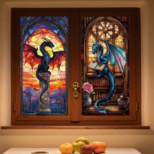 ANATTASOUL Fliegender Drache Und Bücher Fensterbilder for Frühling Sommer | Doppelseitig Blickdichter Badezimmer Fensterbilder Kinderzimmer Wiederverwendbare Fensterbilder Frühling for Winter Herbst