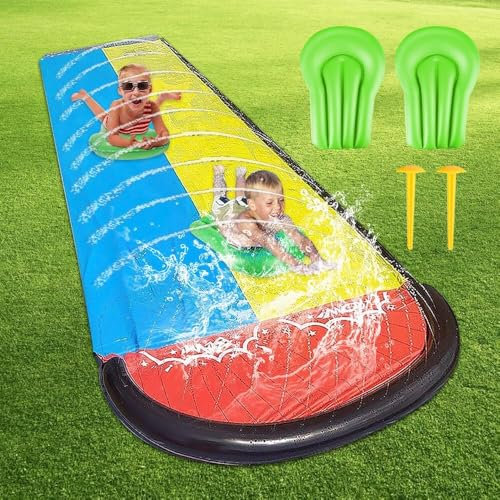 Double Lane Slip and Slide and 2 Bodyboards，184.3in x 57.1in (468 x 145cm) Lawn Water Slides Slip, Inflatable Water Slide for Kids Adults, Summer Garden Outdoor Toy with Built-in Sprinklers