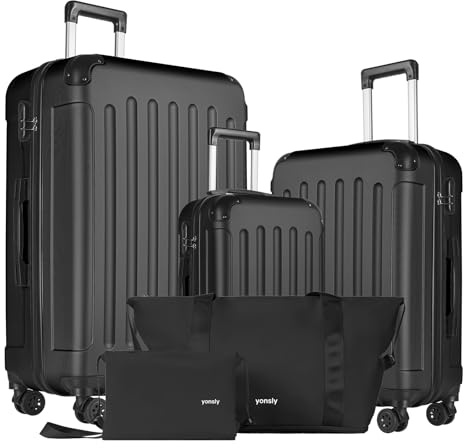 yonsly Reisekoffer Set 5-teilig, Trolley Kofferset mit 1 Reisetasche und 1 Kulturbeutel, Rollkoffer Handgepäck mit 360° 4 Rollen, ABS Hartschalen, Sicherheitsschloss, Gummigriff, (M,L,XL, Schwarz)