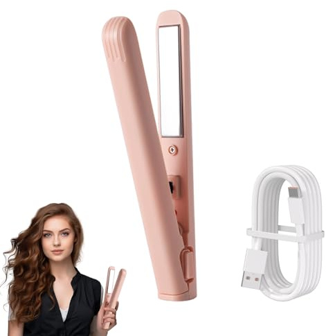 Mini Dual Purpose Hair Straighteners, 2 in 1 Mini Travel Hair Straightener and Curler, Nano Ceramic Tourmaline Plates, USB Powered Portable Hair Curler Flat Iron for Short Hair (Pink)