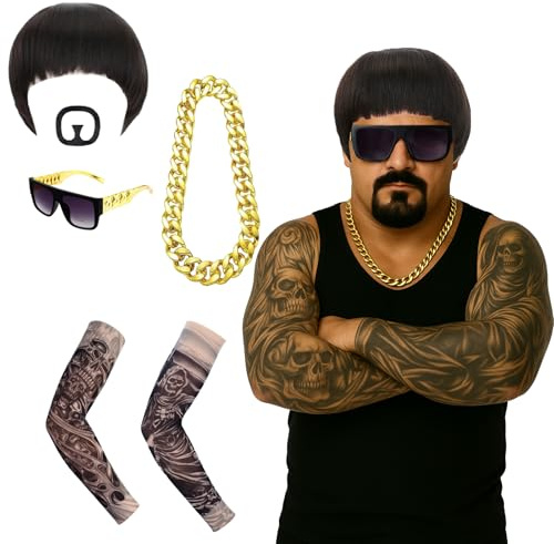 GWAWG Juego de disfraz de Final Boss Meme, peluca con corte de cuenco, bigote de cabra, lentes de sol, cadena dorada y mangas de tatuaje, divertido disfraz de Ibiza de los años 90 para festivales de