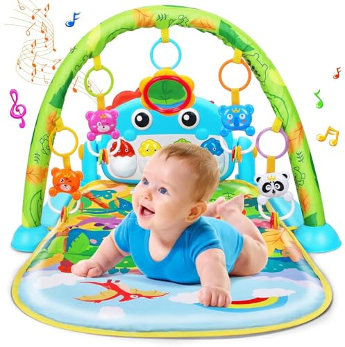 Baby Play Mat Gym, Funny Play Piano Tummy Time Activity Mat with 5 Infant Sensory Toys, Music and Lights, Boy & Girl Gifts for Newborns Infant Gifts for Babies 0-3 6 9 12 Months Dinosaur Style