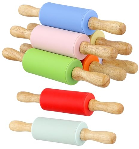 SINJEUN 8 Stück Silikon Nudelholz 23,5 cm, 8 Farben Silikon Teigroller mit Holzgriff, Antihaft Nudelholz für Fondant, Pizza, Kekse
