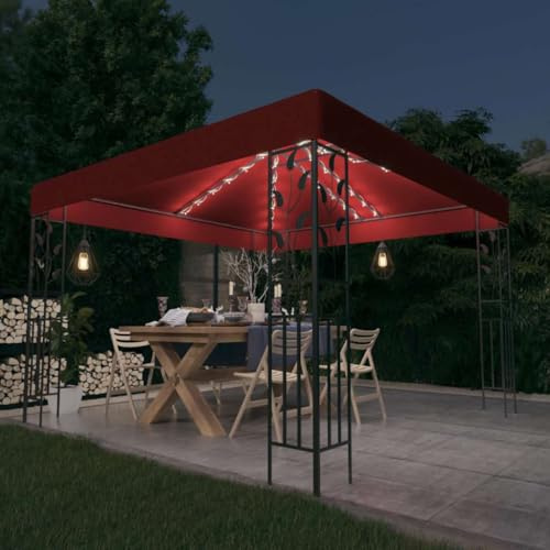 Gartenpavillon 3x3 m Weinrot mit LED-Lichterkette und Sonnendach für Terrasse und Balkon, Stahlkonstruktion mit Pulverbeschichtung, UV-Schutz, wetterfest für Feiern