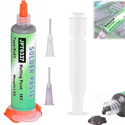 15G Sn63 Solder Paste, 183°C Melting Point Soldering Flux Paste, Flux Soldering Pas-te, Leaded Solder, Needle Syringe So-lder Pas-te with 2 Needles & 1 Pusher for PCB, IC, CPU, LED, BGA Repairing