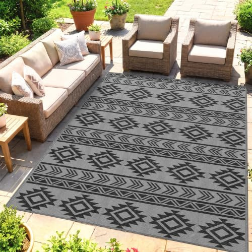 Outsunny Alfombra de Exterior 182x274 cm Reversible Negro y Gris Claro | Alfombra Polipropileno, Patrón Geométrico, Impermeable, Anti-UV, para Terraza, Balcón, Patio, Camping, Viajes en Autocaravana
