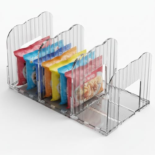 Raoletin Freezer Storage Clear Freezer Organizer Rack with Adjustable Dividers, Plastic Adjustable Fridge Shelf, Narrow 4 Slot Fridge Storage Bag Holder for Food Packets, Pantry, Cupboard