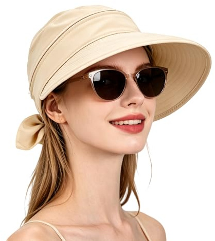 LEHEEYWT Sun Hats for Women UK, 2-in-1 Adjustable Ponytail Opening Wide-Brim Sun Visors for Women, UV Protection Visor Summer Hat for Beach Golf Hiking Outdoor Activities