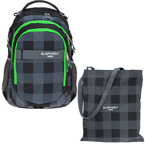Elephant 2tlg. Set Schulrucksack Hero 12645 Plaid Grau Grün + Turnbeutel | Signature Mädchen Jungen Rucksack Schule Tasche Laptopfach Attach Bag