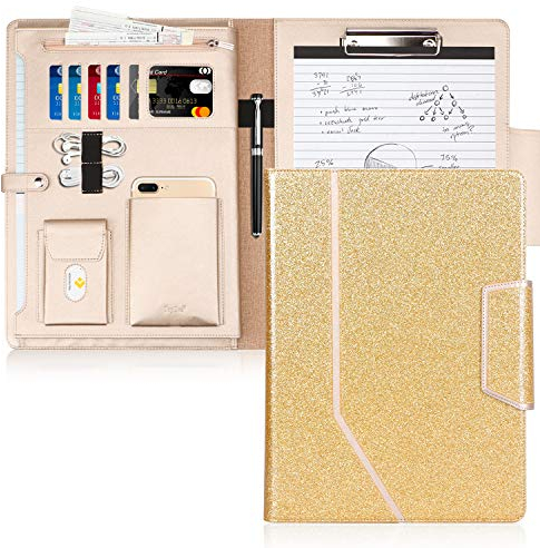 Toplive Schreibmappe A4 Konferenzmappe PU Leder Ordner Klemmbrett Dokumentenmappe, Kartenfächer, Visitenkartenetui- Perfekt als Konferenzmappe,Bling Gold