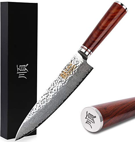 Sunlong Couteaux de Chef 8 Pouces Gyuto Japonais VG10 martelé Damas Acier Naturel Rose Manche en Bois