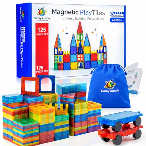 SUNNY AUNTIE Magnetic Tiles, STEM Building Tiles, Storage Bag, 125 Pcs | BPA-free ABS build, smooth rounded edges, strong internal magnets, includes 2 cars and guide booklet, fabric storage bag