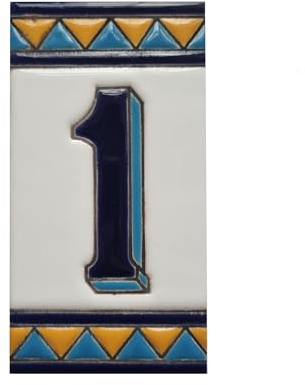 Chiffres de maison en céramique, lettres et cadres, motif espagnol orange et bleu, dimensions du carreau : 11 cm H x 6 cm, taille du cadre : 2 à 13 carreaux (numéro 1)