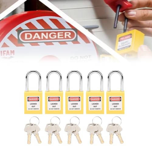 Lockout Tagout-Schlösser 5 Sätze Sicherheitsvorhängeschloss 2 Schlüssel Pro Schloss Isolierung LOTO Nylon PA-Stahl Vorhängeschlösser mit Schlüssel(Gelb)