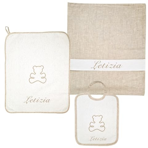 Coccole - Set Asilo Materna Personalizzato - Set Bavaglino, Sacca e Asciugamano - Kit Asilo Materna 3pz per Bimbo/Bimba con Tema Orso Écru - Kit Personalizzabile in Cotone 100% Made in Italy