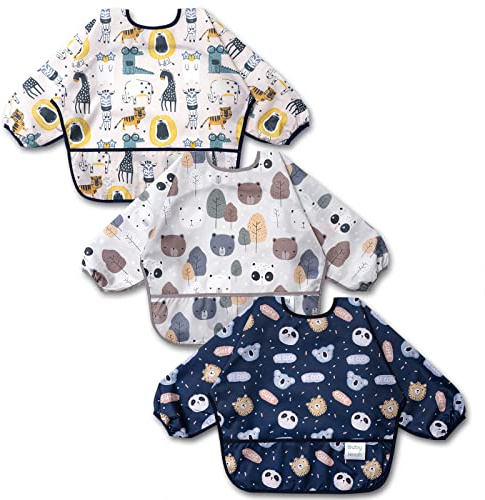 3-pack Long Sleeve Baby Bibs for Eating Waterproof Smock Bibs with Sleeves Full Coverage Bib with Food Catcher for 6-24 Months Toddler Boys Girls