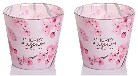 Dekohelden24 Duftkerze/Windlicht/Kerze im Glas - 2 Fach Sortiert/Duftrichtung Cherry Blossom Sakura und Cherry Blossom Sakura pink Blush, L/B/H 8 x 8 x 8 cm, 115g