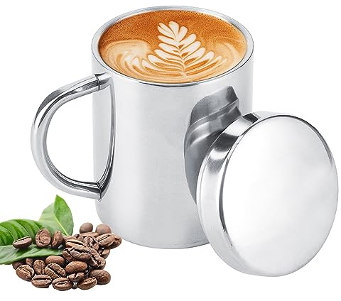 Muggar av rostfritt stål, dubbelvägg Återanvändbar termisk campingkopp Vakuumisolerad resemugg med handtag och lock kaffemugg ölmugg(300ml)