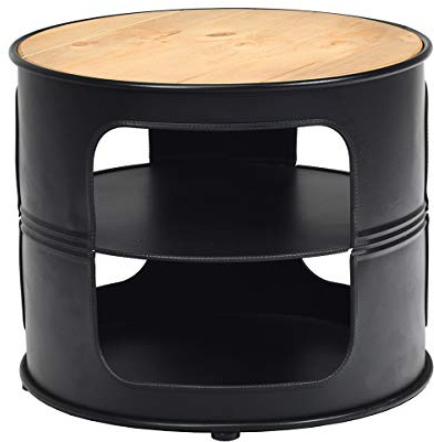 GIANTEX 3-stöckiger Couchtisch mit offenen Regalen | Beistelltisch Wohnzimmertisch, runder Ölfass Möbel Weinfass, Industrie Sofatisch Holz & Metallrahmen Bistrotisch 50x50x41,5cm