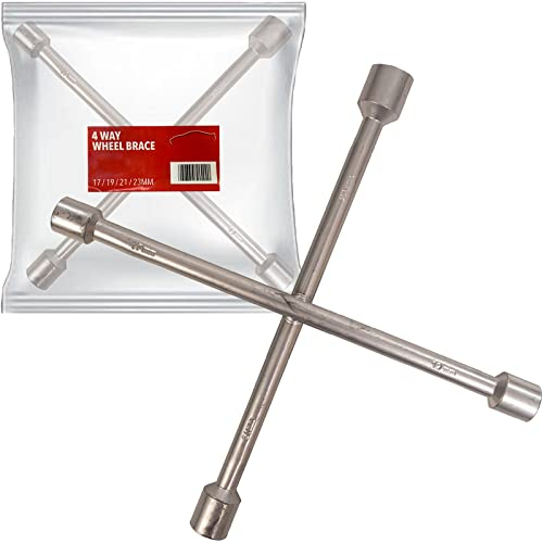 Xtremeauto 4 Way Car Cross Wheel Wrench Brace - Heavy Duty for 17, 19, 21, 23MM Sockets, Tyre Lug Nut Spanner Wrench, Easily Tighten & Loosen Nuts, Silver (XA4WB)