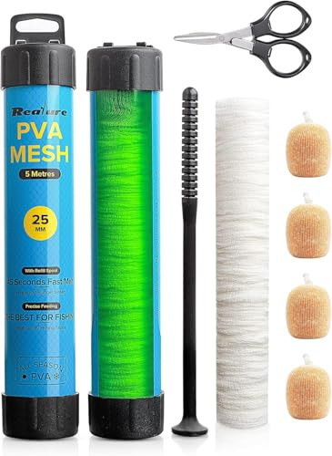Realure Juego de Pesca de Red PVA de 5 m con Tijeras, 18/25/37/44 mm de Ancho, Accesorios de Malla de PVA con Sistema de Embudo y Mortero, Bolsa de Fusión Rápida (25 mm)