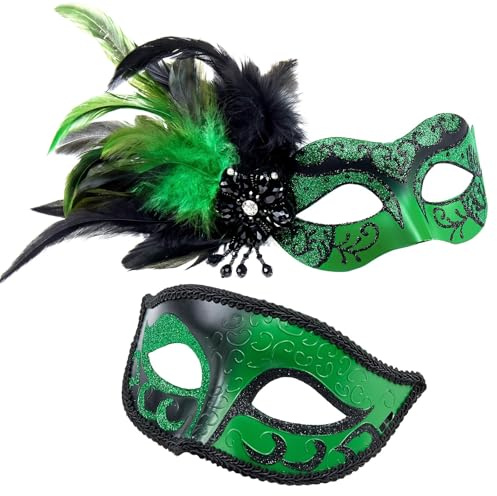 MYSEUNI Máscara de mascarada con plumas para parejas, máscara de baile de máscaras para mujer con plumas y máscara de disfraz veneciano para hombre