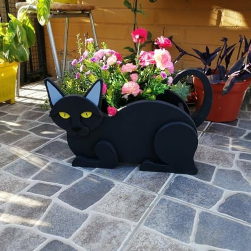 ZYNCUE Garten Katze Pflanztöpfe, Niedliche Tierförmige Holz Pflanzkästen Katze Pflanztopf Siamesische Katze Pflanztopf für Outdoor Pflanzenbehälter Blumenkästen (Schwarze Katze)
