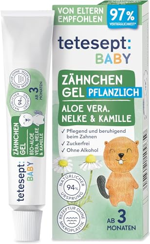 tetesept Baby Zähnchen Gel – 10 ml – Pflanzliches Zahnungsgel mit Aloe Vera, Nelke & Kamille – beruhigt & pflegt das Zahnfleisch – Zahnungshilfe ohne Zucker und Alkohol für Babys ab 3 Monaten