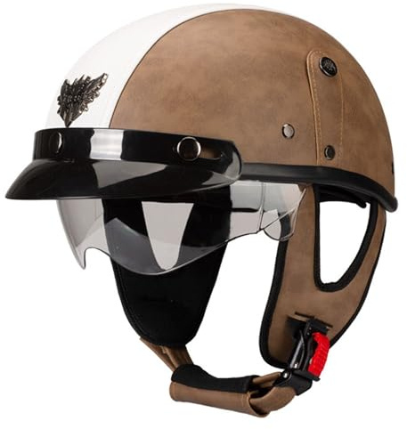 Retrò Elmetto Tedesco Casco Motociclista ECE Omologato Mezzo Casco Moto Pelle D'epoca Con Visiera Caschi Cromwell Estivo Caschi Jet E Demi-Jet Universale Uomo E Da Donna 3,S:55-56CM