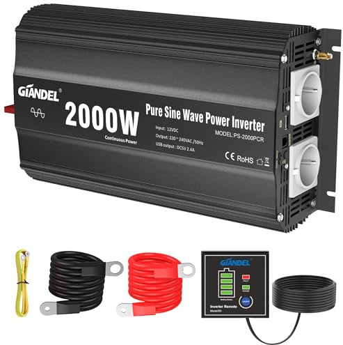 GIANDEL 2000W Wechselrichter 12V auf 230V Reiner Sinus KFZ Spannungswandler Kompatibel mit LiFePO4 Power Inverter mit Fernbedienung und USB Anschlüsse für Wohnmobil LKW Auto Camping
