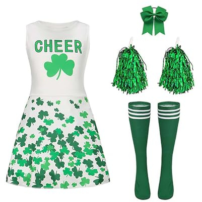 Miutii Kinder Mädchen Cheer Leader Kostüm Cheerleading Kleid mit Pompoms Socken Haarband Cheerleading Kostüm Halloween Karneval Fasching Grün 122-128