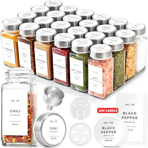 EDELHAUS Glass Spice Jars with Label and Stainless Steel Lids (24 x 4oz) Spice Containers with 240 Labels, Shaker Inserts, Steel Funnel, Empty Square Empty Square Seasoning Organizer (White)