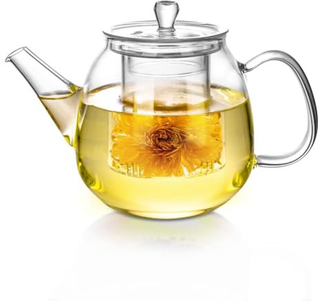 Glass Teapot with Removable Clear Infuser, Ehugos 800ml/28oz Heat Resistant Borosilicate Glass teapot Blooming and Loose Leaf Tea Maker, Microwave & Dishwasher Safe