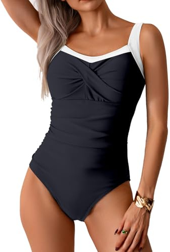 AOQUSSQOA One Piece Swimsuit Women Tummy Control Bathing Suit Ladies Ruched Color Block Swimwear(5White Black,L)