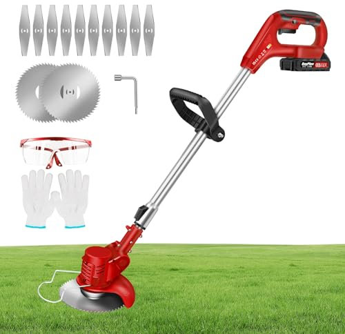 Cordless Grass Strimmer with Metal Blade, 1.5Ah Battery and Fast Charger, Powerful Electric Garden Grass Trimmer Rechargeable Lightweight Yard Brush Cutter, Suitable for Gardens, Villas, Lawns, Red
