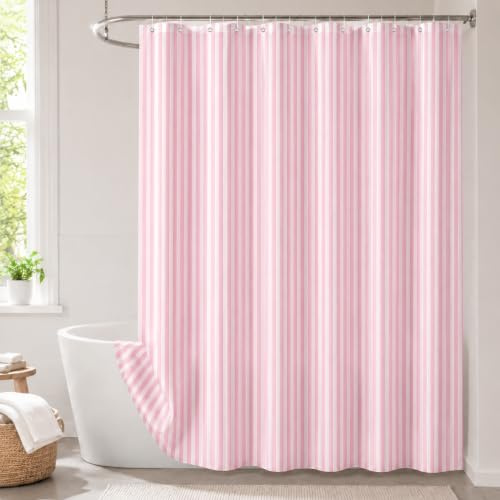 Hopomoon Duschvorhang 180x200 cm Rosa Weiß Gestreift, Moderner Textil Stoff Badevorhang mit Streifenmuster, Anti-Schimmel & Wasserabweisend, inkl. 12 Ringe, Maschinenwaschbar, 1-Teil
