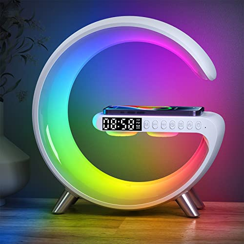 Aeehuck Smart Lamp with Wireless Charger & Bluetooth Speaker, 4-in-1 Multifunctional Desk Light, App Control, Night Light, Alarm Clock for Home, Office, Bedroom Decor (White)