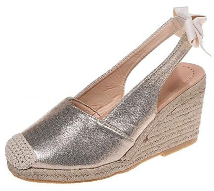 Espadrille kil sandaler för kvinnor sommarmode stängd tå slingback högklackade sandaler bekväma utomhus damskor, Guld, 6.5 UK 3X-Narrow