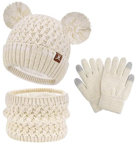 ZASFOU Set de Gorro, Bufanda y Guantes de Invierno para Niños con Pantalla Táctil, 2 3 4 5 6 7 Años, Gorro de Punto con Pompón, Bufanda y Guante, Regalos para Niñas y Niños, beige, talla unica