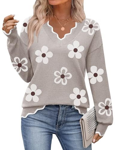 Zeagoo Lightweight Sweaters for Women 2025 Fall V Neck Floral Sweater Long Sleeve Casual Ribbed Knit Pullover Tops