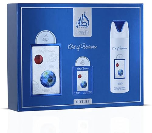 Lattafa Pride Art Of Universe - Juego de regalo de 3 piezas para hombre (EDP de 100 ml + spray corporal perfumado de 200 ml + EDP de viaje de 20 ml) - Fragancia de larga duración - bergamota