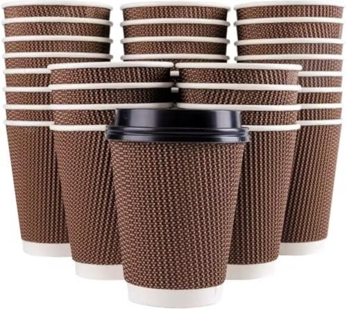 100 Pack 8oz Disposable Coffee Cups with Lids – Triple Wall Kraft Ripple Paper Cups for Hot & Cold Drinks, Insulated, Leakproof, Recyclable Takeaway Cups for Coffee, Tea & Beverages