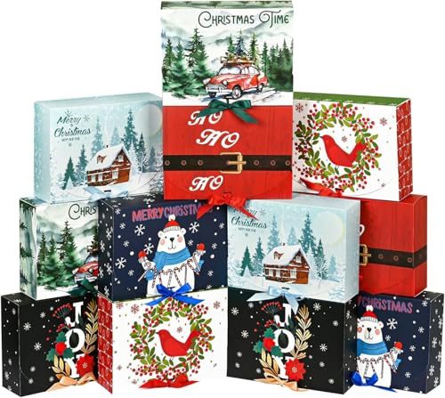 LATERN 12 Piezas Cajas de Regalo Navideñas con Tapas, 27CM x 20CM x 8CM Caja de Regalo de Papel Kraft Caja de Motivos Navideños con Cinta Multicolor para Navidad Fiesta Regalo Embalaje