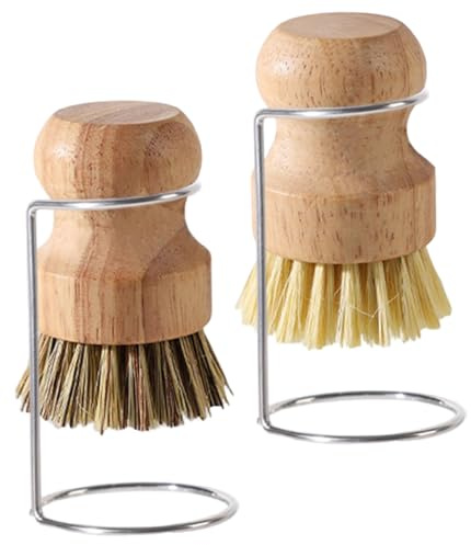 2Pcs Bamboo Dish Brushes with 2 Drainage Racks, Natural Wooden Dishwashing Scrubber for Dishes, Pots, Pans, Sink, Kitchen Cleaning Accessories