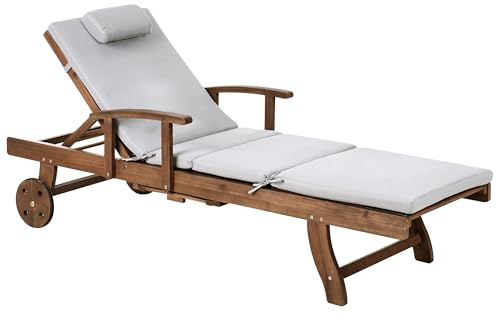 Beliani Gartenliege Akazienholz mit Auflage hellgrau verstellbar rollbar Amantea Premium