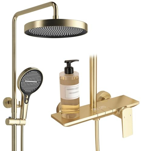 RONMX exponerat duschsystem, innovativ pianotangent design, RSS0608 moderna duschkranuppsättningar, 255 mm duschmunstyckesset komplett med handhållen dusch, sprutpistol, förvaringsbord, justerbar höjd