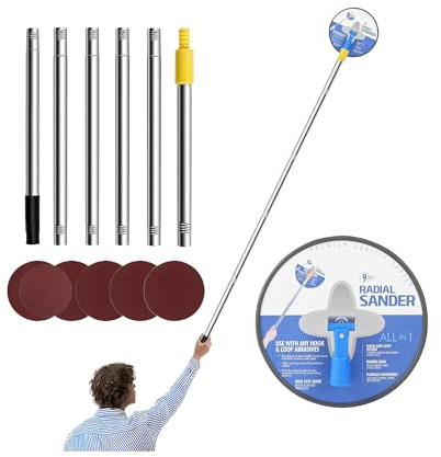 9 Inch Drywall Pole Sander for Walls - 360 Rotating Tool | Aluminum Alloy Radial Polishing Equipment with 180cm Extension and 6 Sanding Sheets for Home Decor