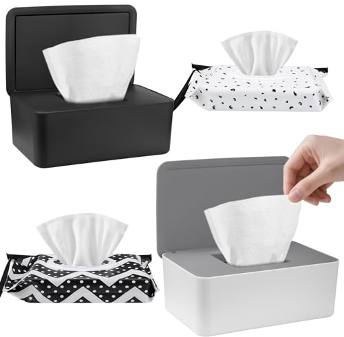 Boîte à Lingettes, 2 Distributeur de Lingettes Humides et 2 Pochette de Lingettes Humides, Boîtes de Papier Toilette Humide avec Couvercle, Réutilisable Boite Boîte de Rangement