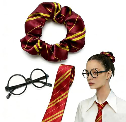 ZYHDFH 3 Wizard Kostüm Zubehör Set,Rot Und Gelb Gestreiftes Haarreif Krawatte und Runder Brillen Wizard Cosplay,Wizard Kostüm Zubehör Faschingskostüm Geeignet für Rollenspiele, Halloween usw